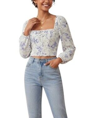 NEW Joie Linen Blend Floral Square-Neck Smocked Long Sleeve Crop Top Womens Sz M